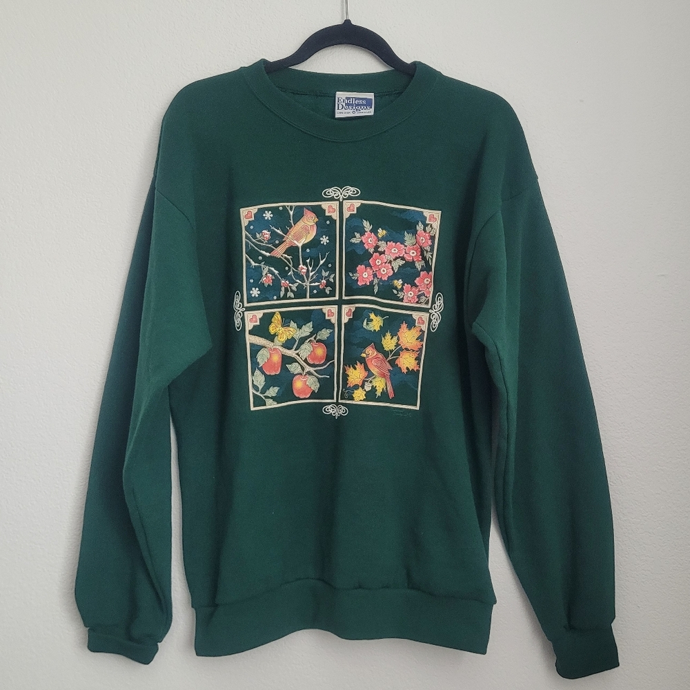 Vintage Women's Birds & Trees Forest Green Crewneck Fleece Sweater Size M
